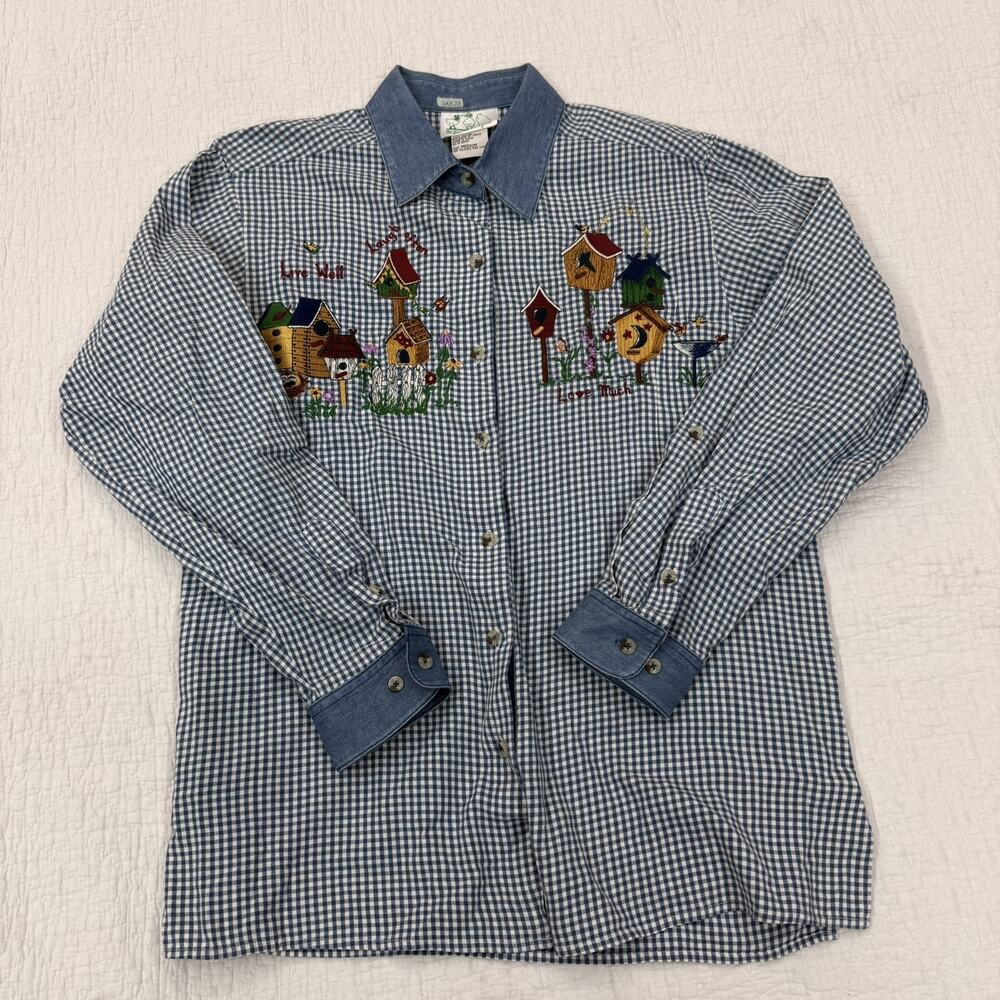 Vintage Birdhouse Floral Embroidered Plaid Shirt Blue Denim Collar Cottagecore
